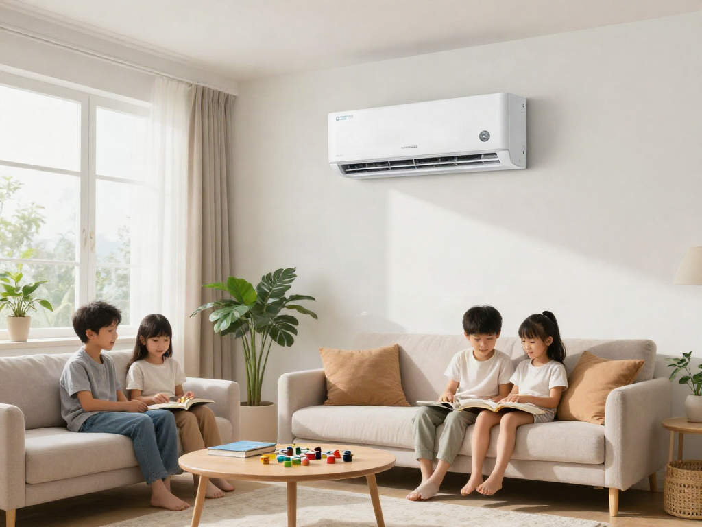 Cozy living room with a mini split AC unit providing comfort to a family enjoying time together