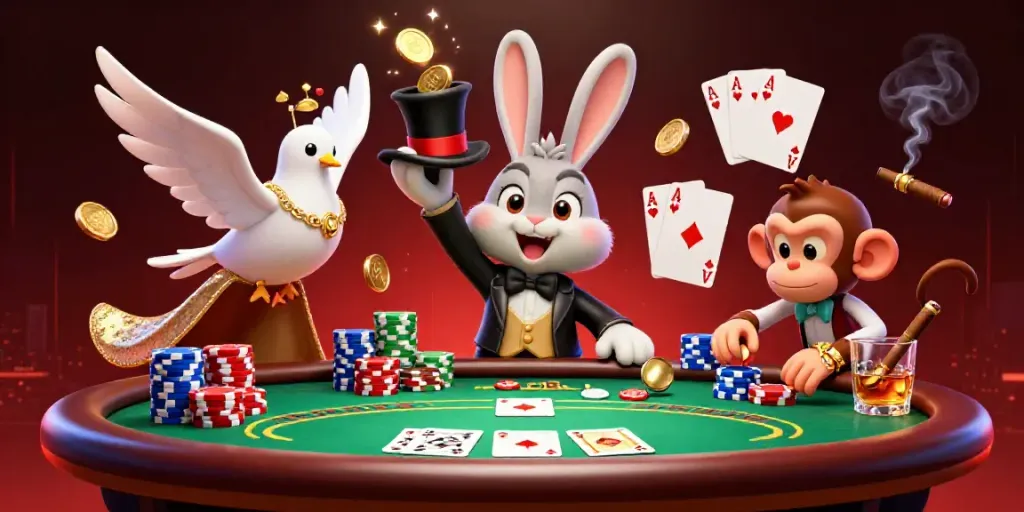 Experience QQCASH188 thrills with a magician rabbit and glamorous dove at a poker table.