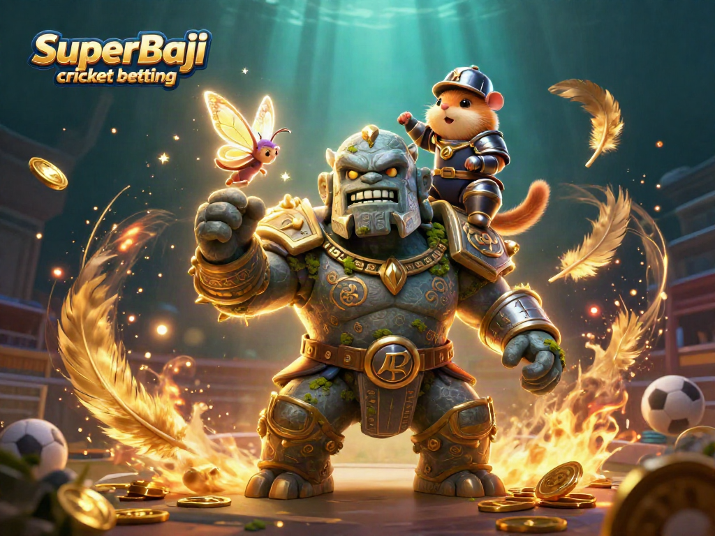 Engage in SuperBaji cricket betting with dynamic characters, vivid stadium atmosphere, and glowing elements.