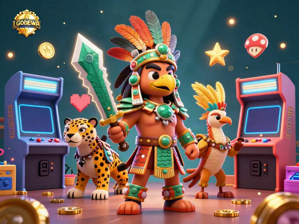 Play exciting games with LGODEWA featuring Aztec warriors, arcade machines, and glowing treasures.