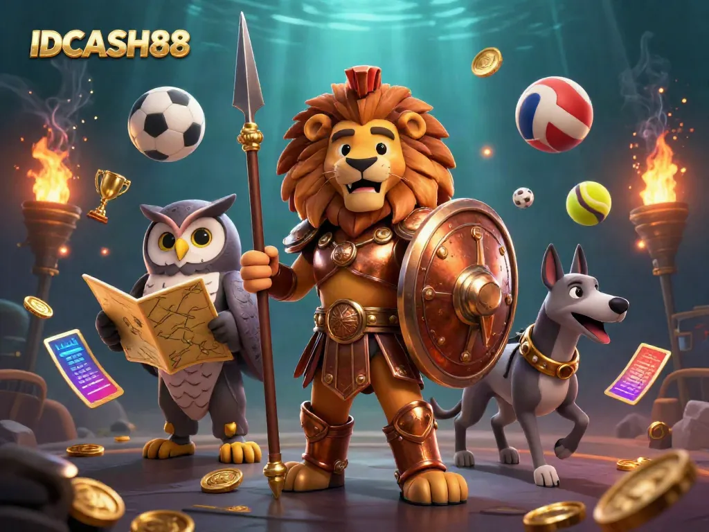 Engage with thrilling games at IDCASH88, featuring a valiant Spartan lion and tactical elements highlighting casino excitement.