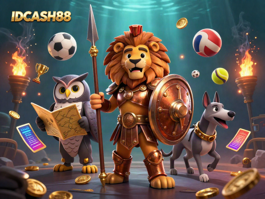 Engage with thrilling games at IDCASH88, featuring a valiant Spartan lion and tactical elements highlighting casino excitement.