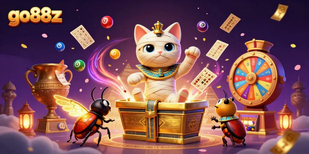 Play games with go88z at a vibrant pyramid casino featuring lively characters and exciting casino elements.