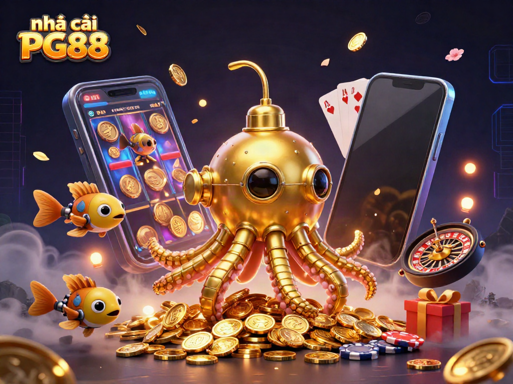 Experience the thrill of nhà cái PG88 with a vibrant scene of gaming adventure, featuring golden coins and exciting slot games.