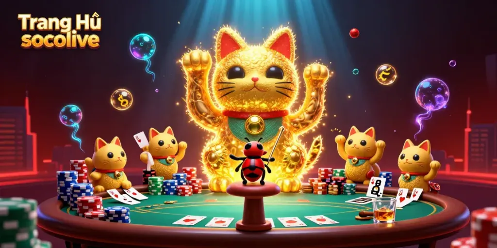 Experience the excitement of Trang Chủ socolive with a stunning display of the golden lucky cat and vibrant gaming elements.