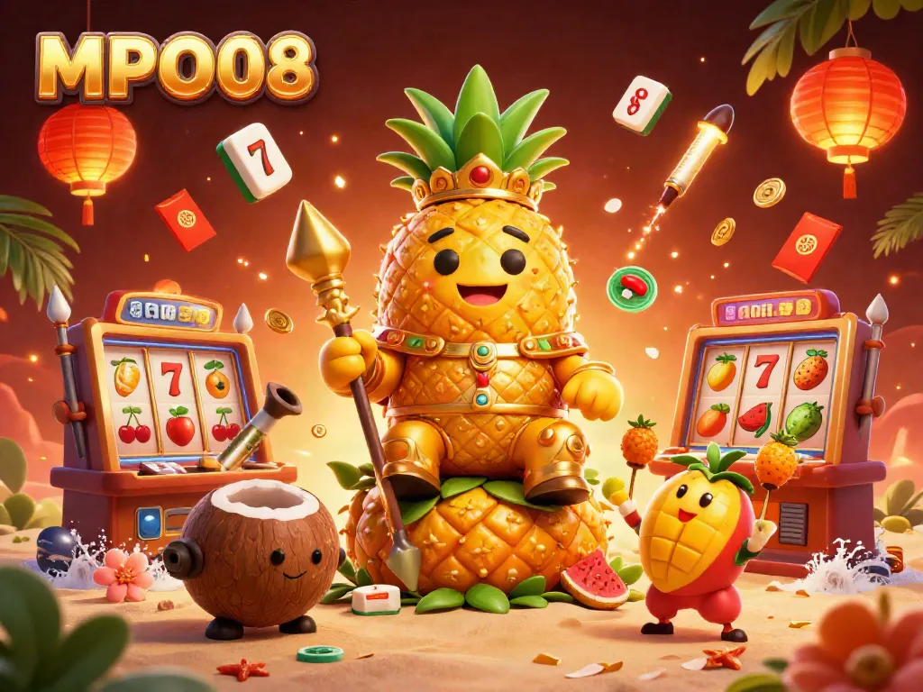 Engage in thrilling slots action at MPO08 with a vibrant 3D casino scene featuring lively characters and game elements.