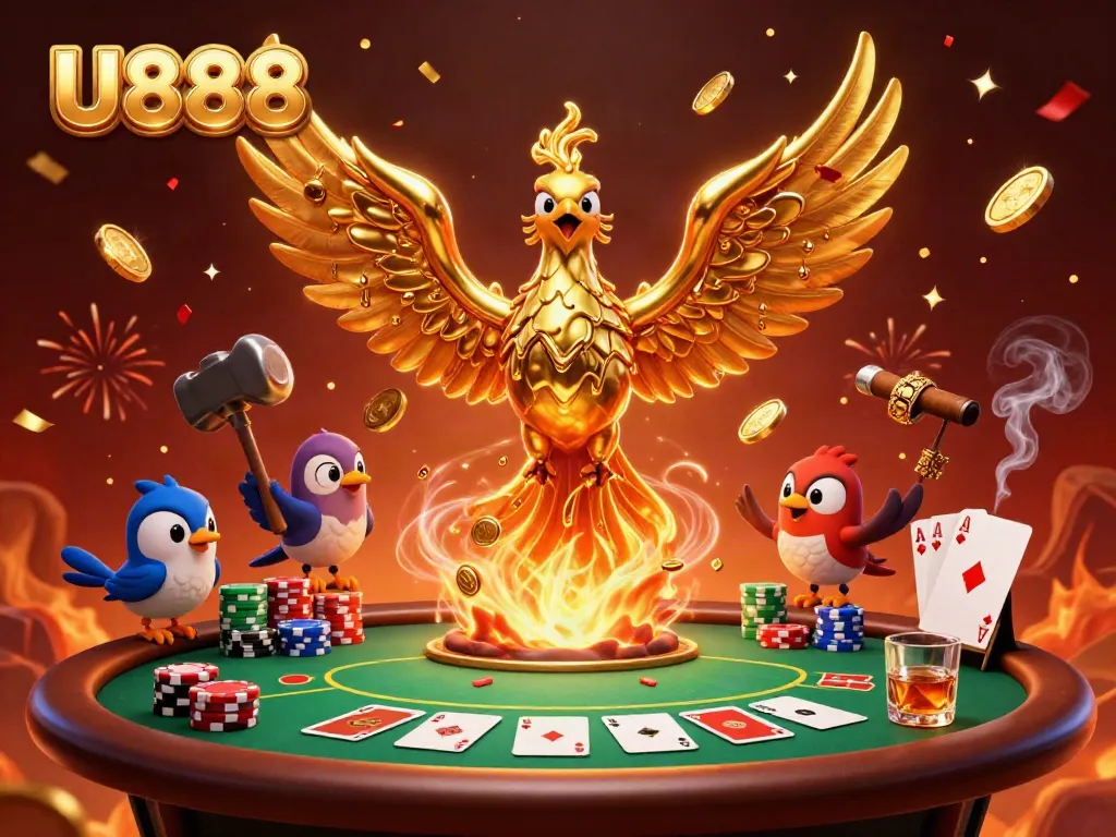 Experience the excitement of U888 with a golden phoenix and poker elements surrounded by festive confetti.
