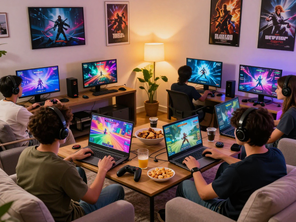Engaging scene of friends playing various porn games online in a cozy living room setting, enhancing social gaming experience.