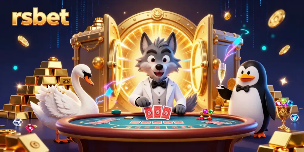 Experience exhilarating baccarat action at rsbet with a dazzling 3D scene featuring a debonair wolf, elegant swan, and penguin sommelier.