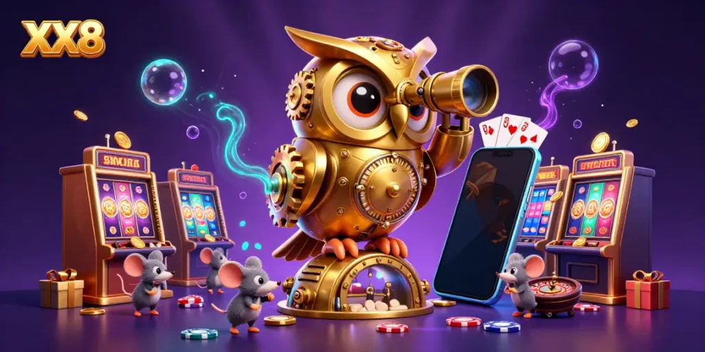 Spinning golden coins and slot reels surrounding XX8 in a rich casino scene.
