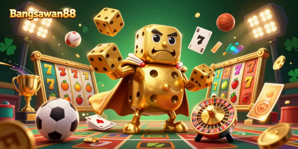 Bangsawan88's dynamic 3D casino illustration showcasing a dice golem and vibrant gaming elements in a lively scene.