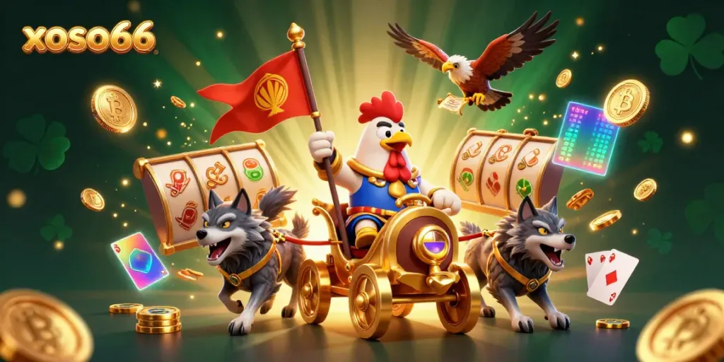 Xoso66 showcases a thrilling casino scene with a cartoon rooster warlord, golden chariot, and vibrant game elements.