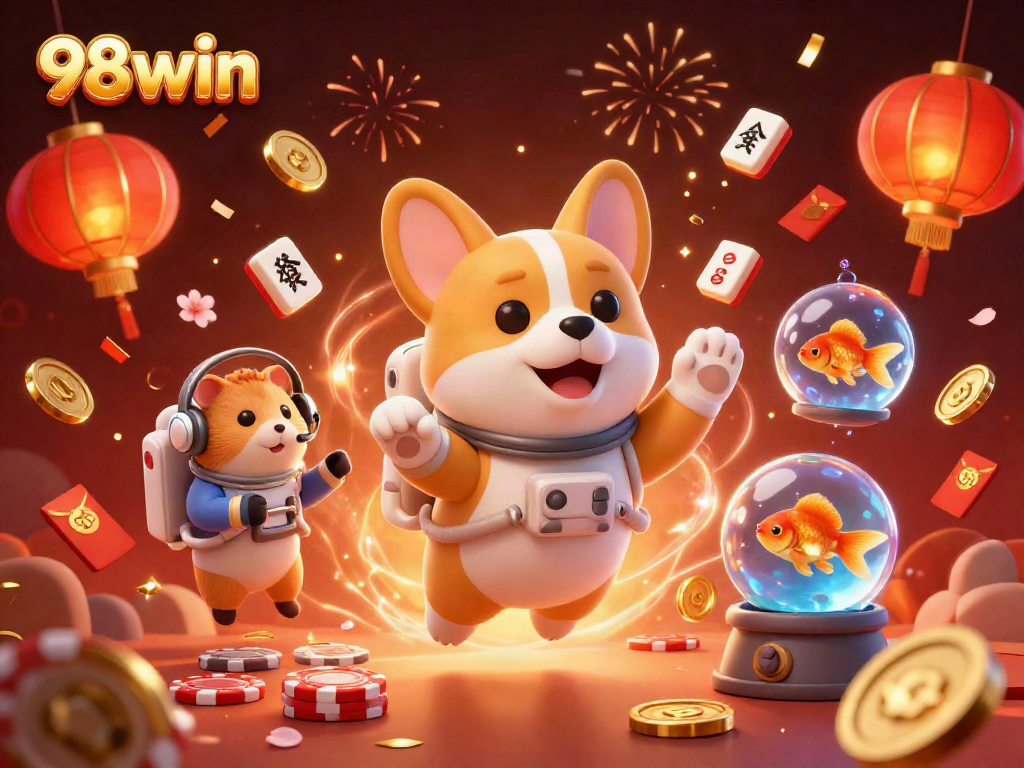Engage in fun gaming with 98win, featuring a corgi and vibrant casino elements in a cosmic scene.