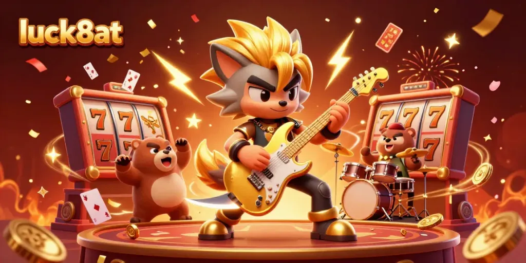 Engage with luck8at as a rock star wolf plays electric guitar on a vibrant casino stage.