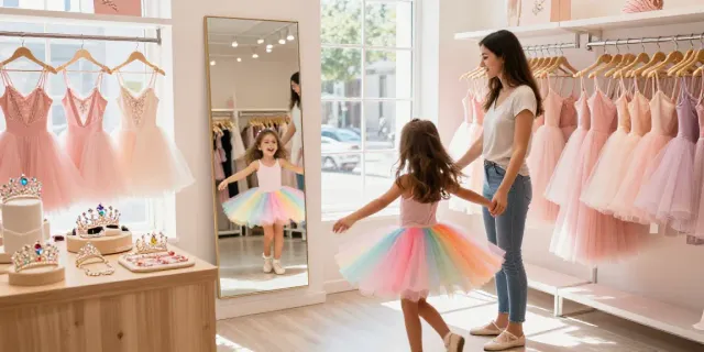 Girl twirling in a colorful tutu at a lively tutu store, showcasing vibrant dancewear options.