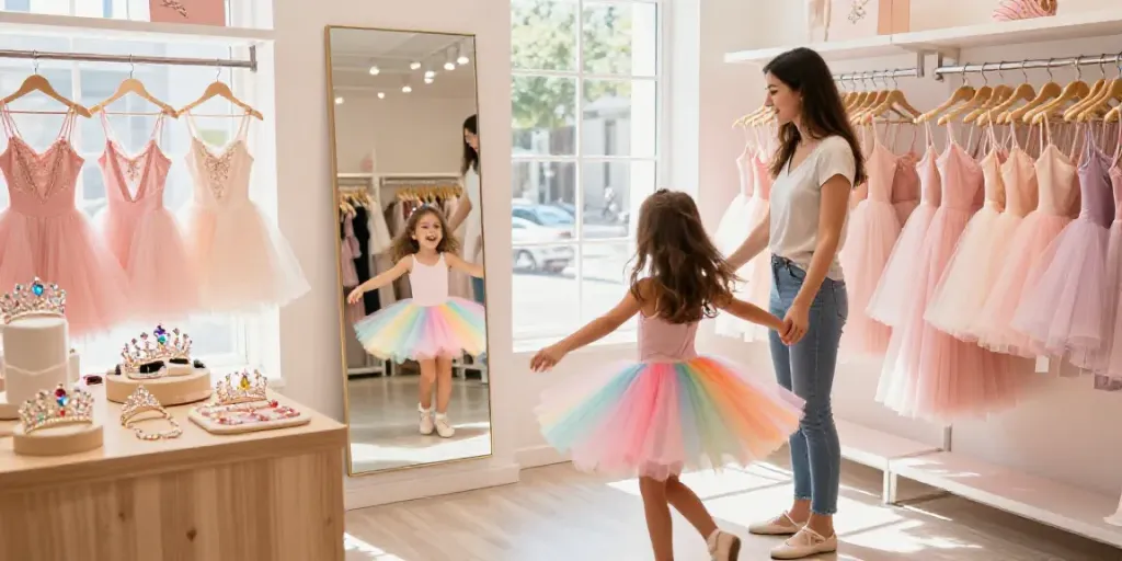 Girl twirling in a colorful tutu at a lively tutu store, showcasing vibrant dancewear options.