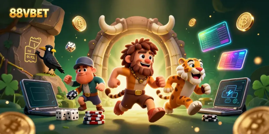 Engage with thrilling gaming at 88VBET with a dynamic prehistoric casino scene featuring vibrant 3D characters.
