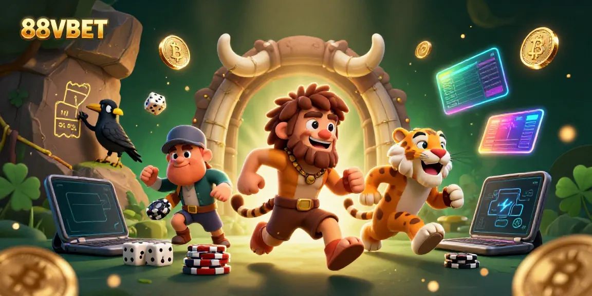 Engage with thrilling gaming at 88VBET with a dynamic prehistoric casino scene featuring vibrant 3D characters.