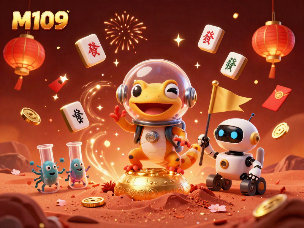 Engage in winning strategies at the M109 casino as Martian gecko unearths treasures amidst a vibrant celebration.