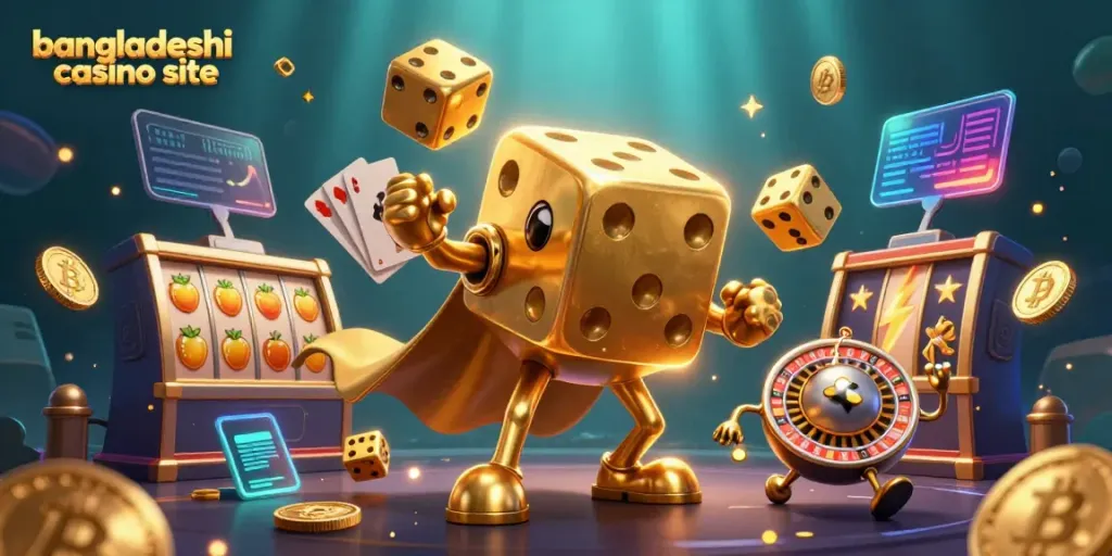 Engage with the bangladeshi casino site through entertaining slots and vibrant game elements in a vivid scene.