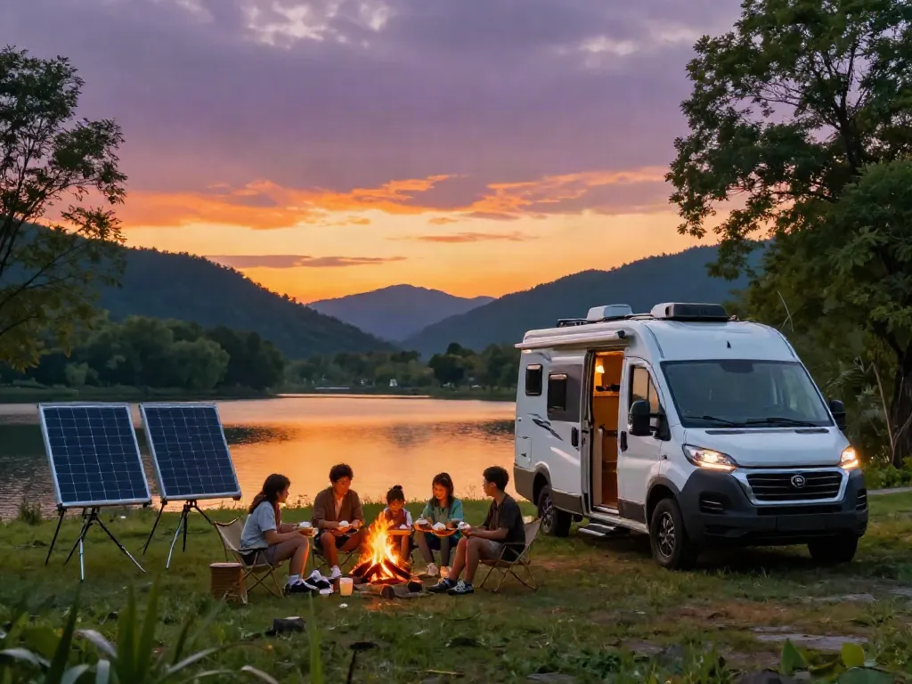 Family enjoying s'mores by their eco-friendly RV lithium battery-powered camper by the lake.