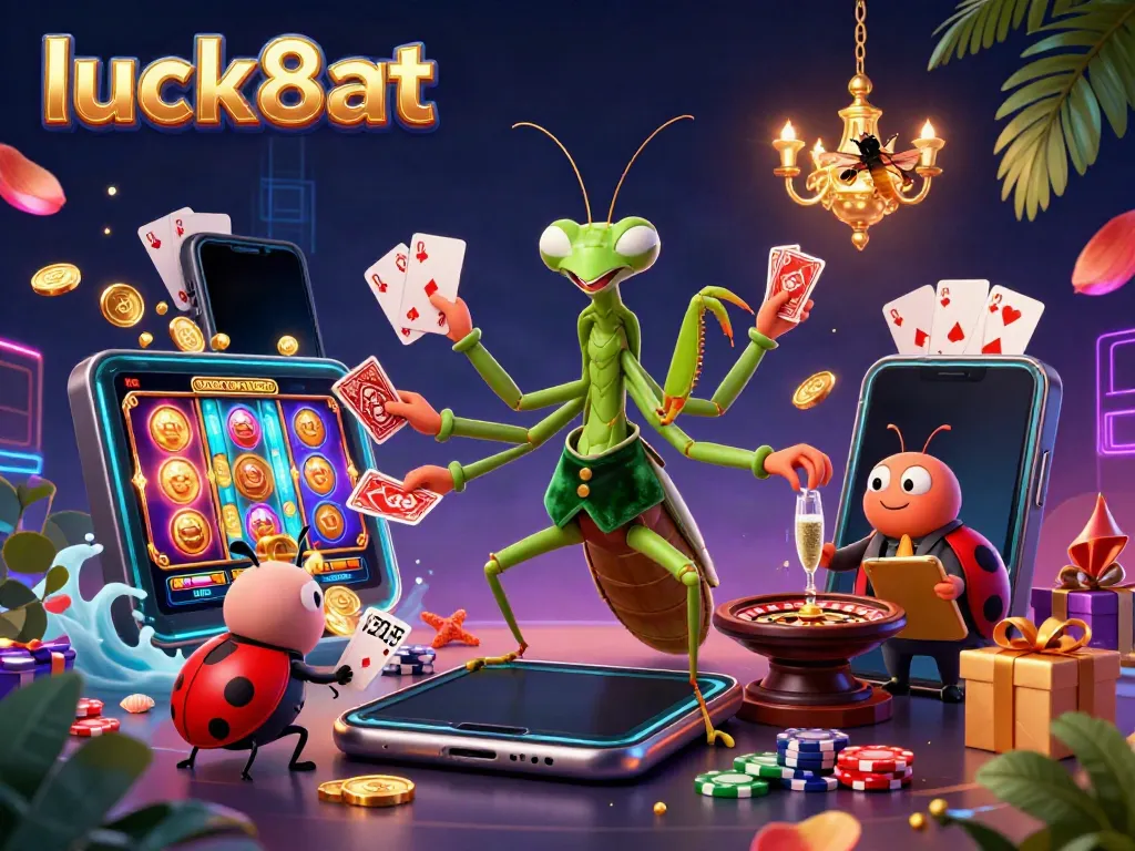 Experience thrilling moments at luck8at with vibrant casino games in an animated scene.