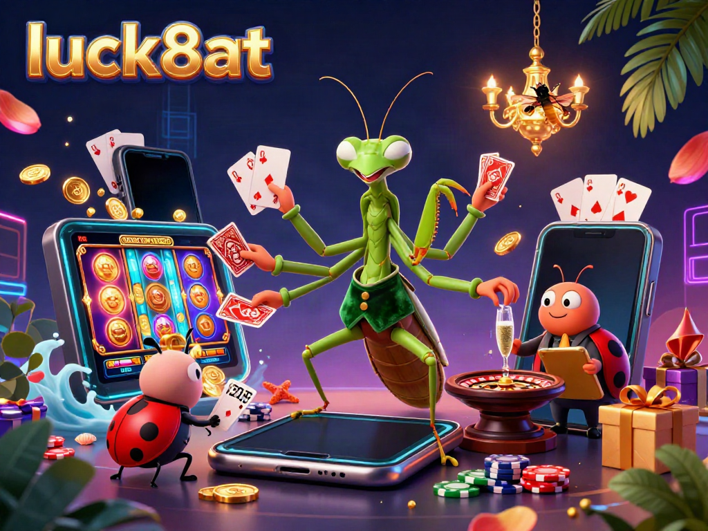 Experience thrilling moments at luck8at with vibrant casino games in an animated scene.