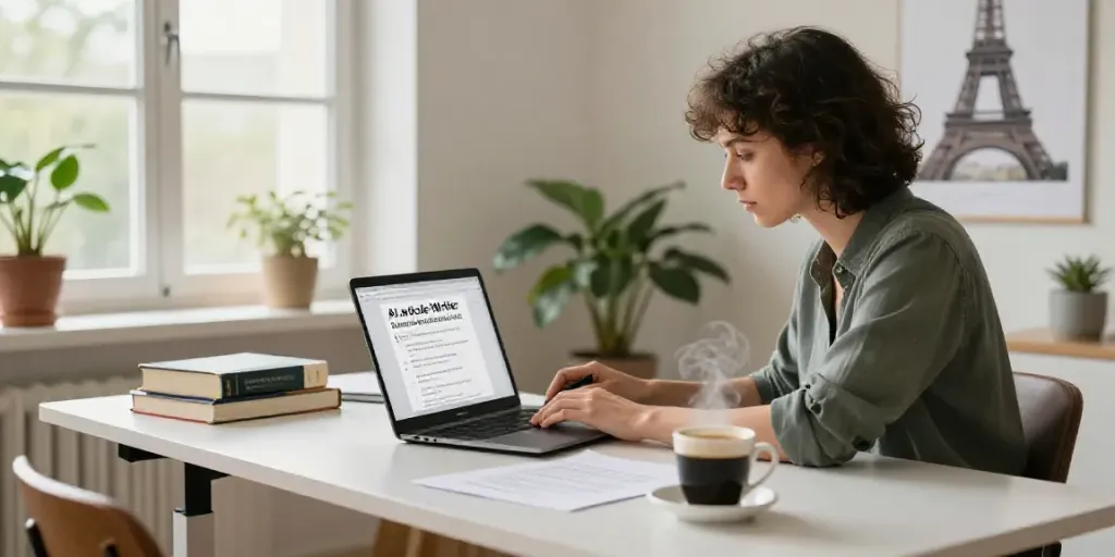 Creative workspace with a professional using an AI article writer in French, surrounded by inspiring elements.