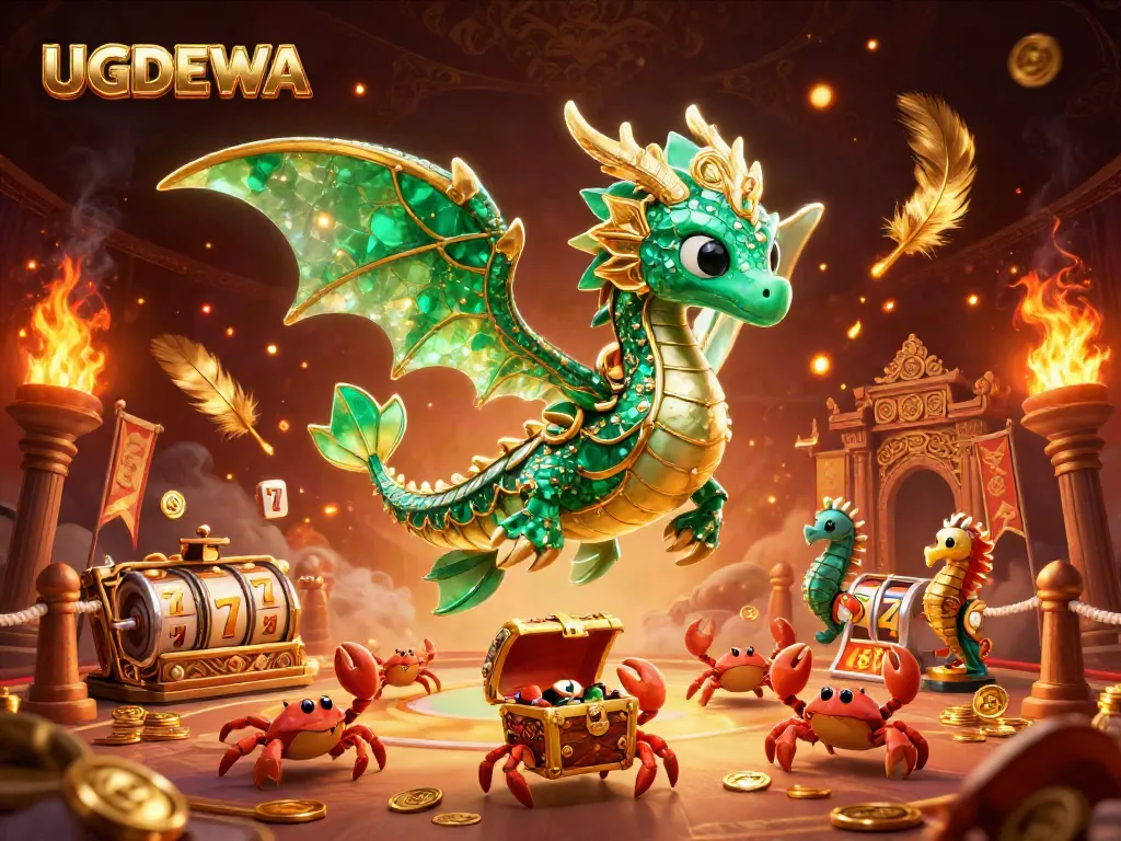 Engage in the exciting world of UGDEWA, featuring a sea dragon, slot reels, and a vibrant casino atmosphere.