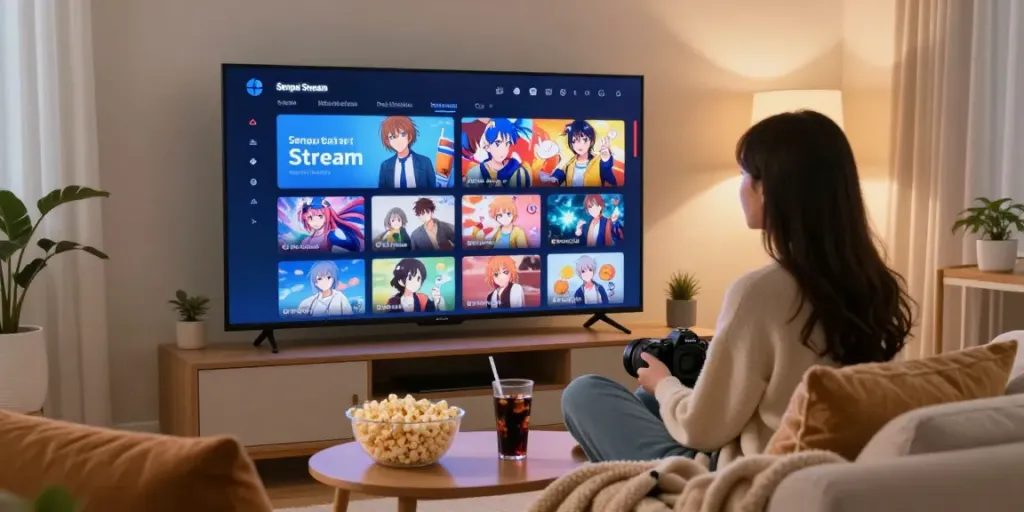 Femme regardant l'application Senpai Stream sur un téléviseur dans un salon accueillant.