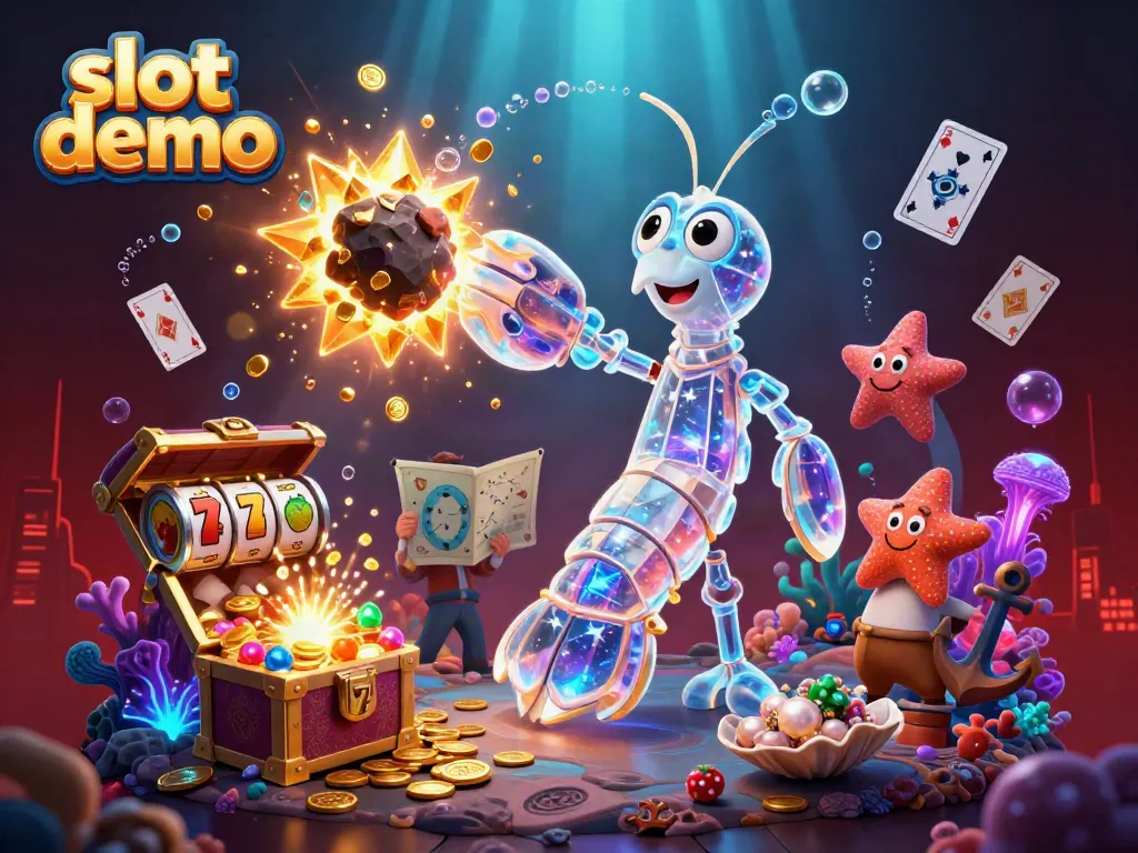 Play free slot demo with animated characters in a vibrant casino-themed illustration.