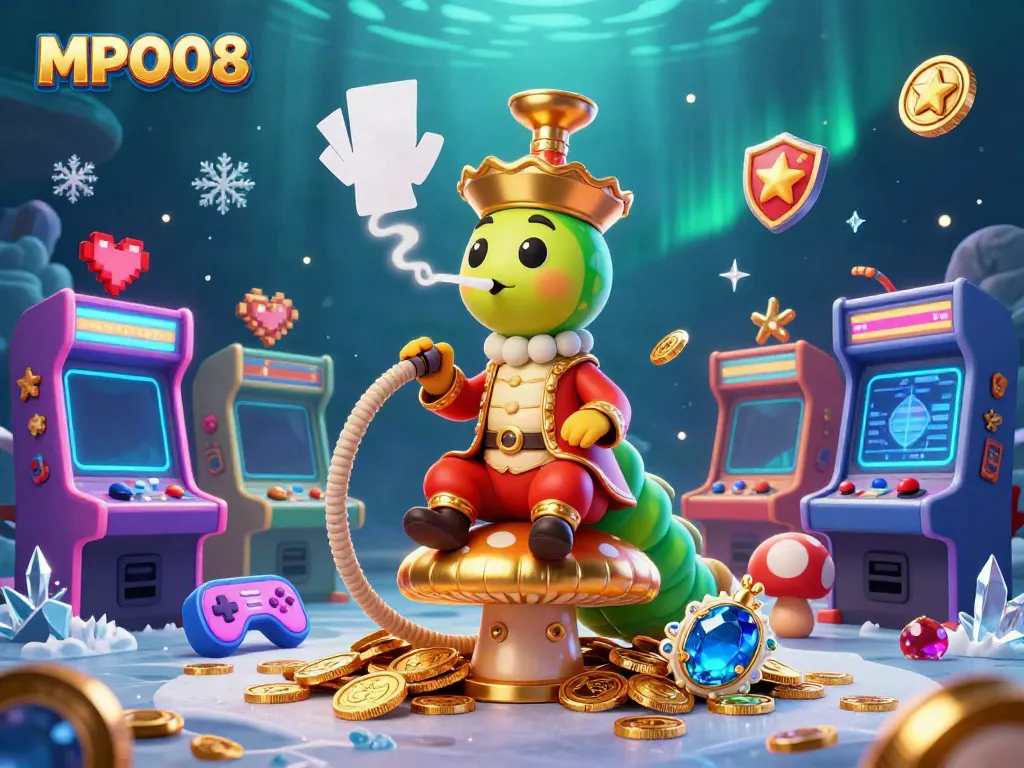 MPO08 showcases a whimsical scene with a sultan's caterpillar and gaming elements in a vibrant casino atmosphere.