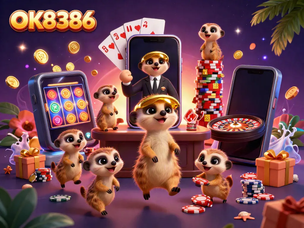 OK8386 meerkats running a casino with vibrant gaming elements, captivating online experience