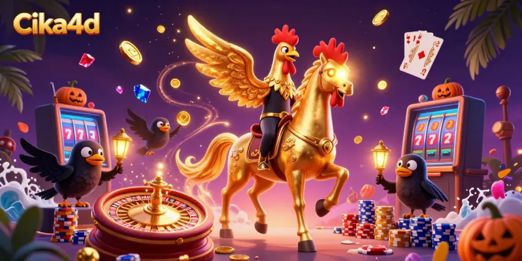 Engage with CIKA4D gaming excitement featuring vibrant golden rooster characters and lively casino elements.