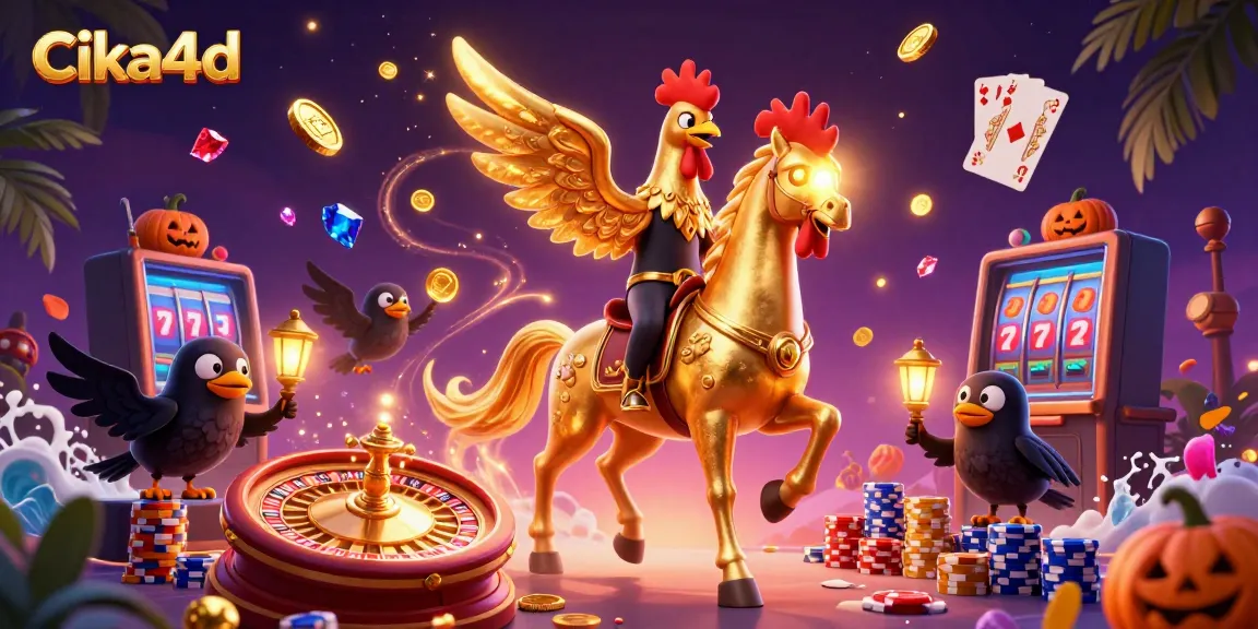 Engage with CIKA4D gaming excitement featuring vibrant golden rooster characters and lively casino elements.