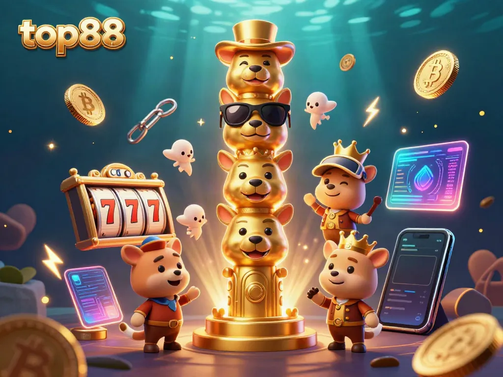 Engage with top88 casino action through vibrant 3D scenes reflecting game excitement and crypto elements.