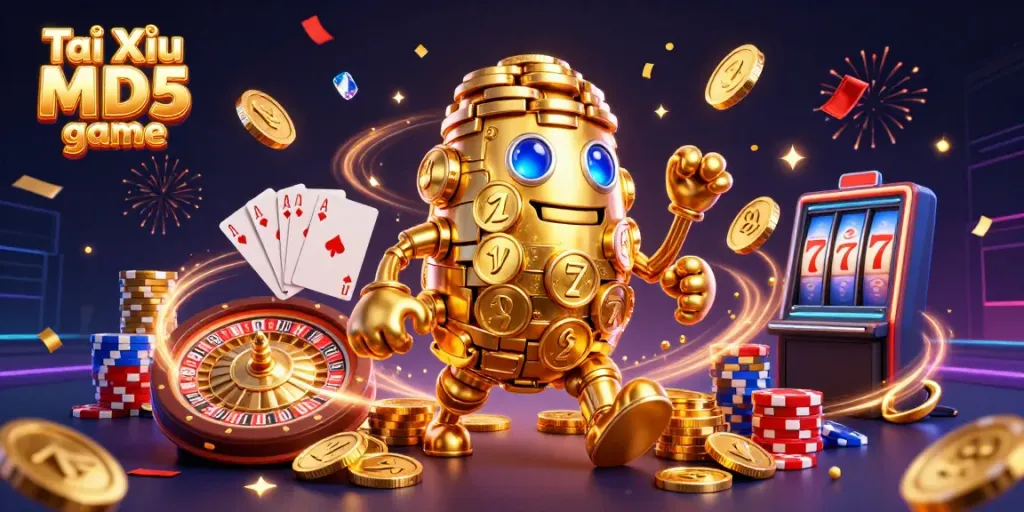 Experience the excitement of Tài Xỉu MD5 game with a golden golem and dynamic casino elements.