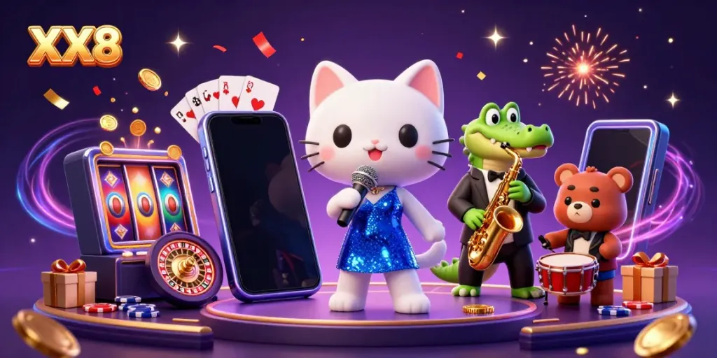 Exciting XX8 casino scene with characters celebrating gaming wins amidst slot reels and vibrant decorations.