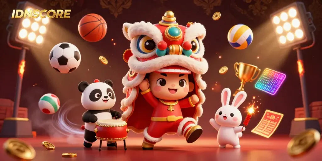 IDNSCORE showcases lively characters celebrating with vibrant decorations and dynamic sports elements.
