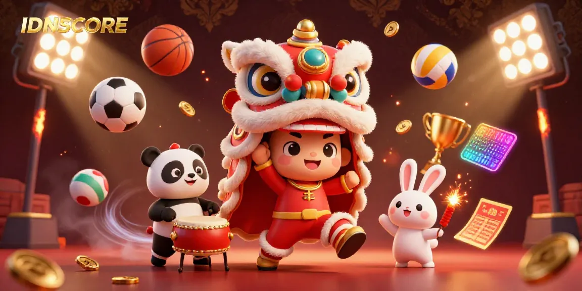 IDNSCORE showcases lively characters celebrating with vibrant decorations and dynamic sports elements.