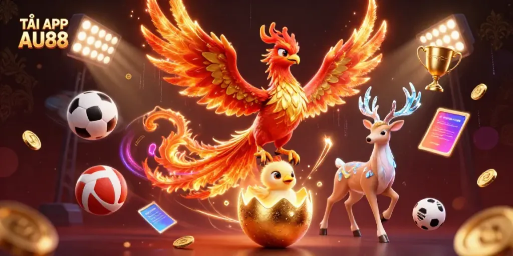TẢI APP AU88 with a vibrant 3D phoenix and baby bird symbolizing excitement in a casino scene.