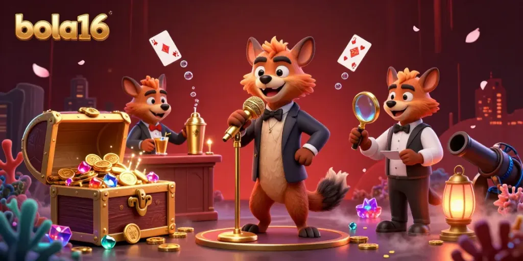 Experience the vibrant activities at bola16's comedy casino with hyenas entertaining and serving drinks.