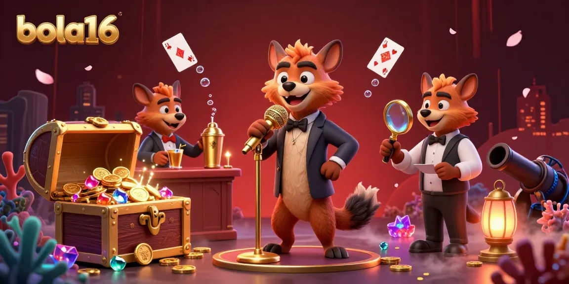 Experience the vibrant activities at bola16's comedy casino with hyenas entertaining and serving drinks.