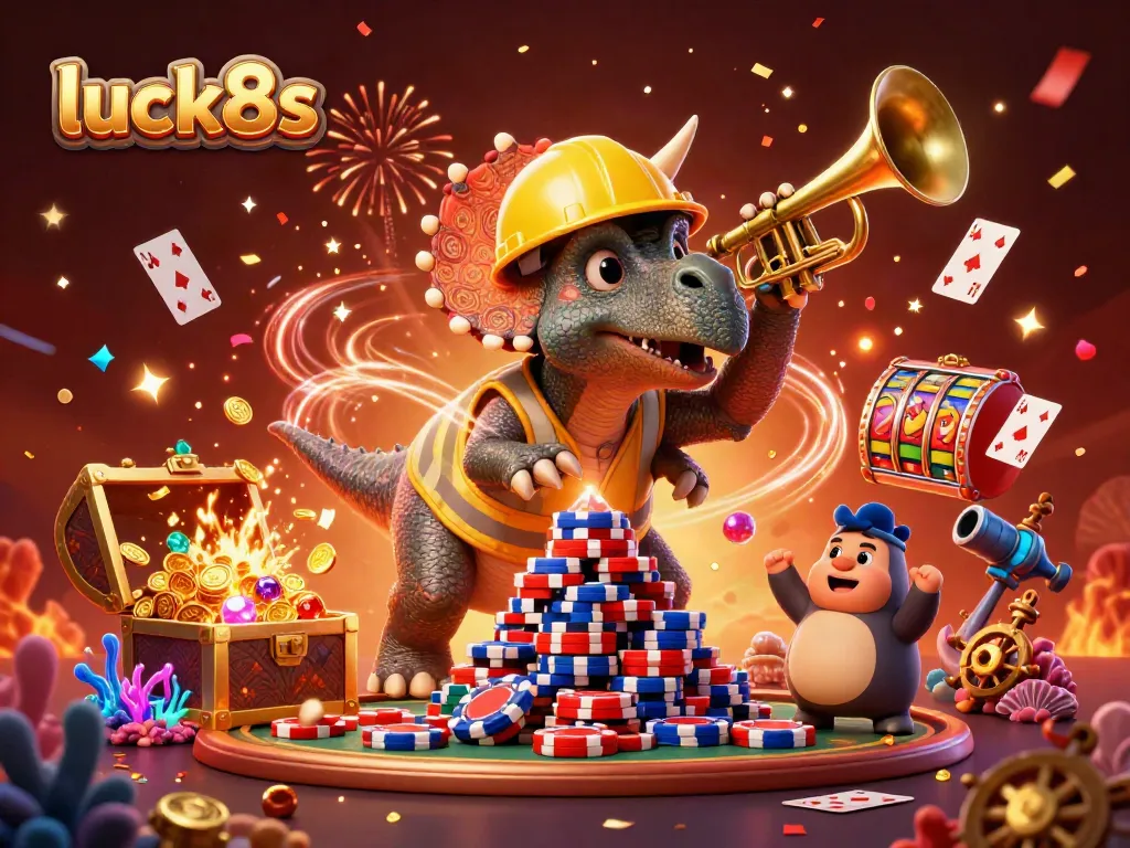 Luck8s cartoon illustration showcasing triceratops and friends celebrating casino wins with colorful elements.