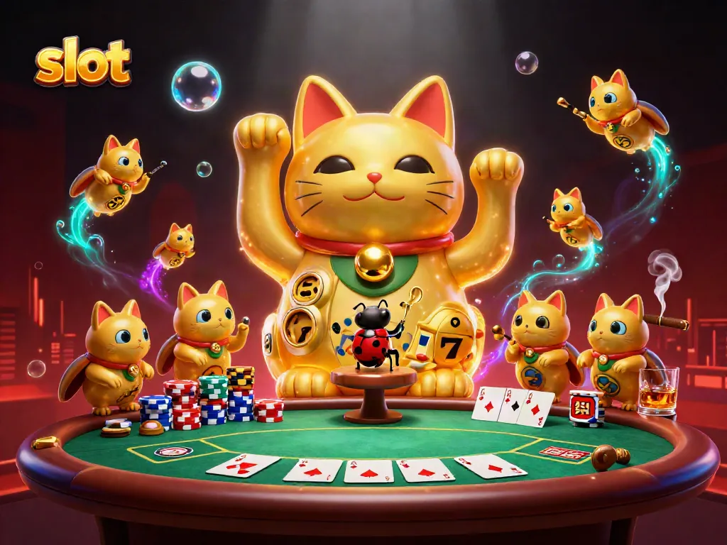 Experience the rich world of slots with a golden lucky cat, poker chips, and vibrant casino symbols.