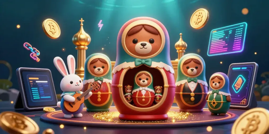 Engage with NOHU90's vibrant casino scene featuring a Matryoshka bear and crypto elements.