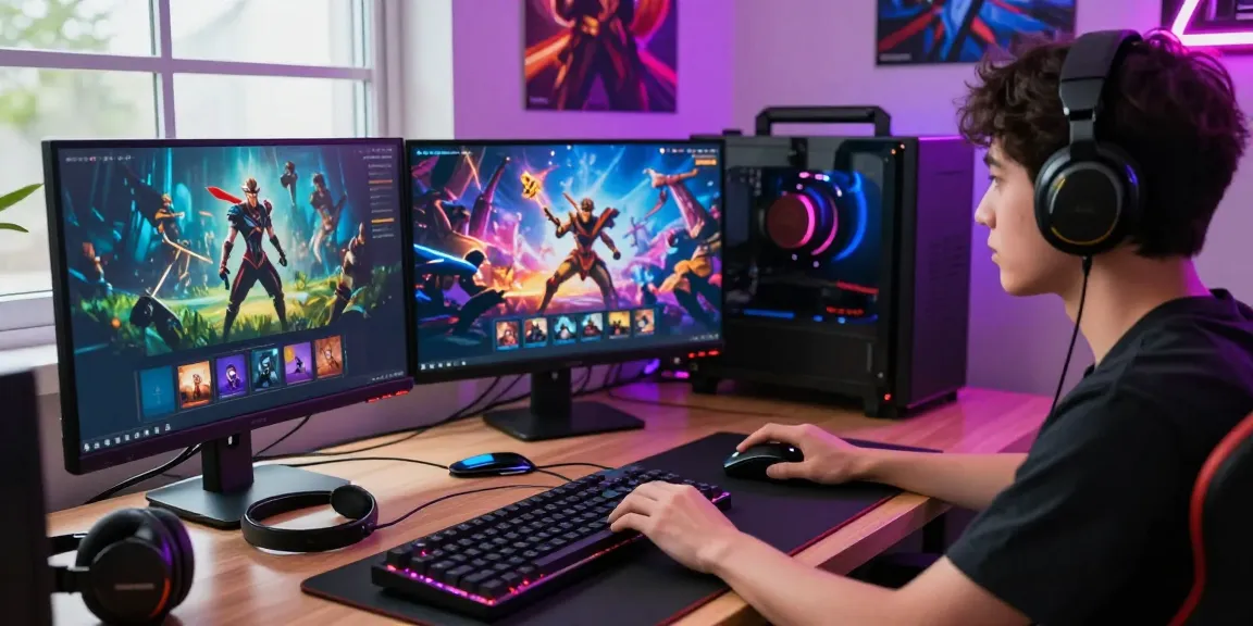 Permainan online di POHON4D, gamer penuh semangat menggunakan laptop dengan aksesori gaming lengkap.