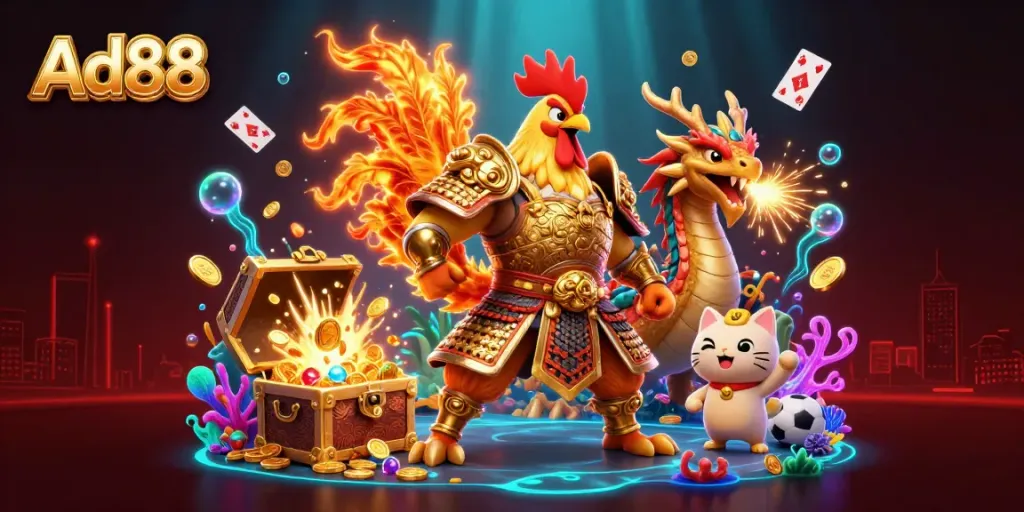 Experience thrilling gameplay at Ad88 with this vibrant 3D illustration showcasing intense gaming action.