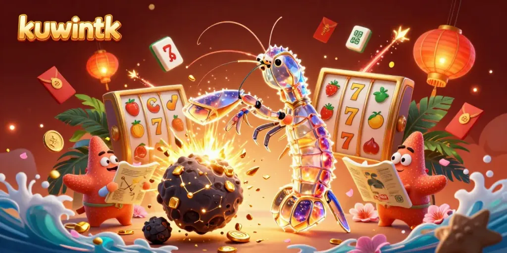 Kuwintk promotes casinos with a cosmic shrimp and starfish amid a treasure trove of gems and gameplay.