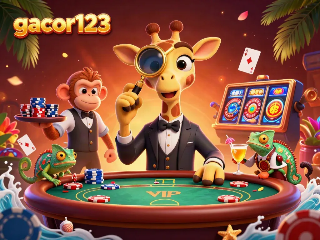 Join the excitement at gacor123 with a lively casino scene featuring unique 3D characters and vibrant game elements.